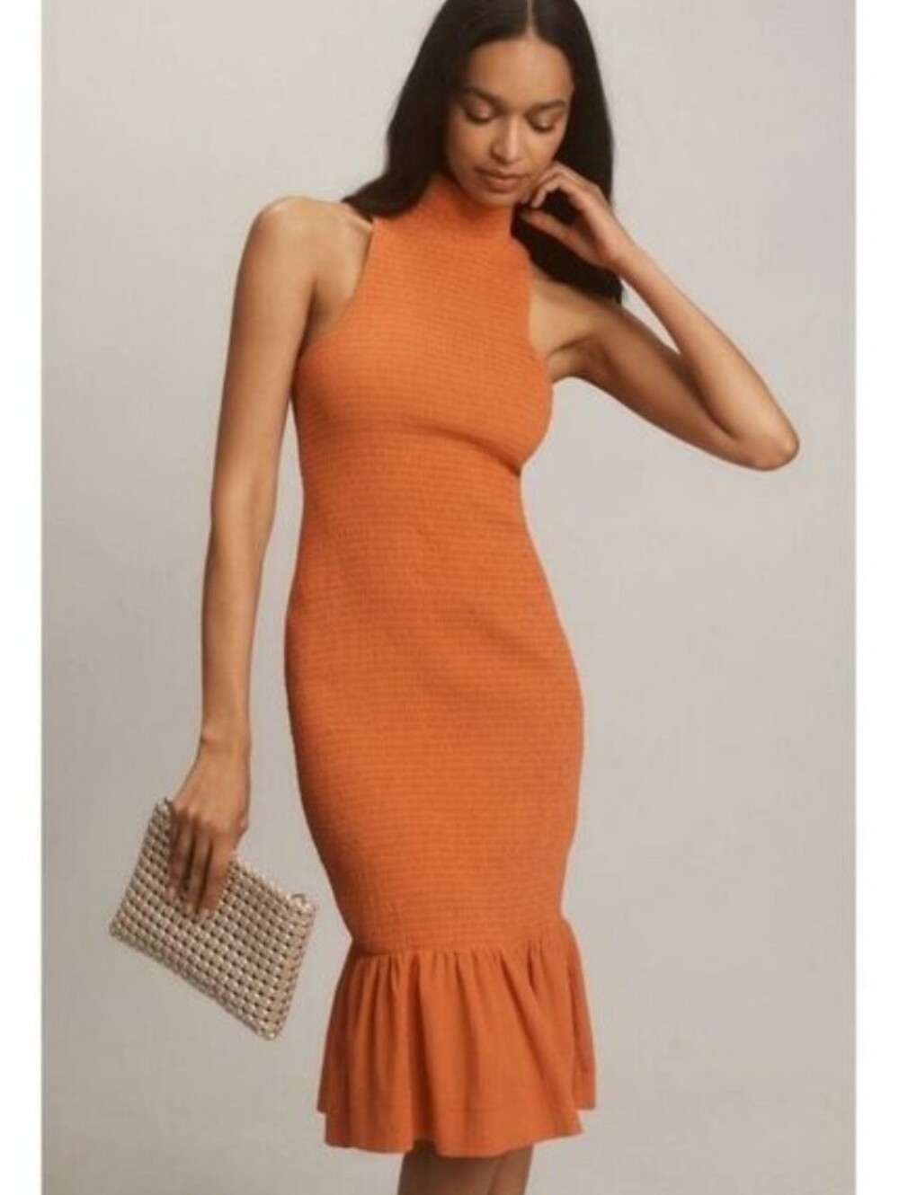Anthropologie Smocked Sleeveless Mock Neck Ruffle-Hem Knit Dress Size M